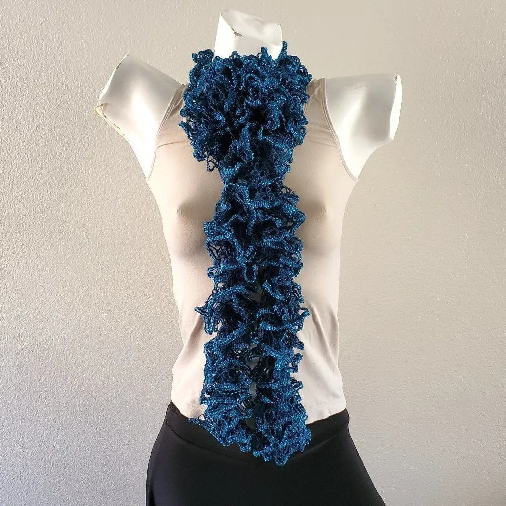 BOGO Scarf Sale - Hand Crafted long crochet blue ruffle scarf